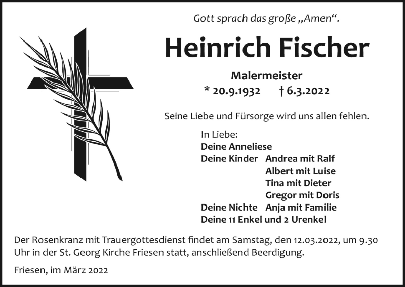  Traueranzeige für Heinrich Fischer vom 10.03.2022 aus MGO