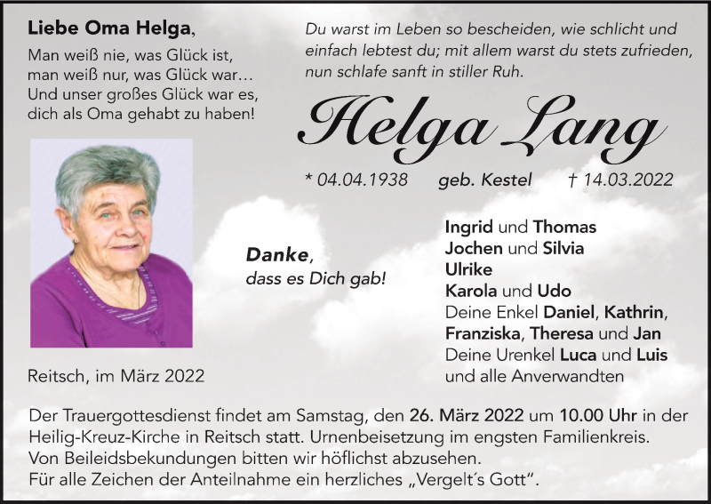  Traueranzeige für Helga Lang vom 19.03.2022 aus MGO