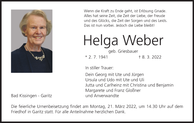  Traueranzeige für Helga Weber vom 16.03.2022 aus MGO