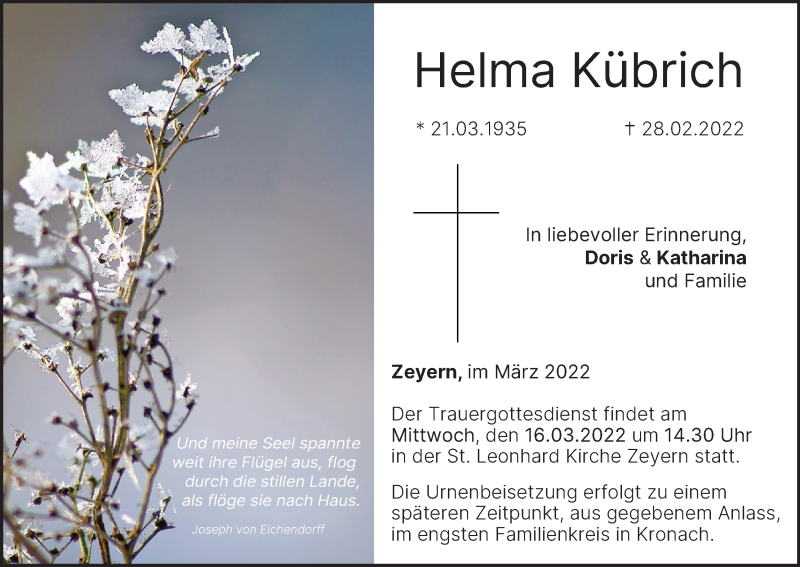  Traueranzeige für Helma Kübrich vom 12.03.2022 aus MGO