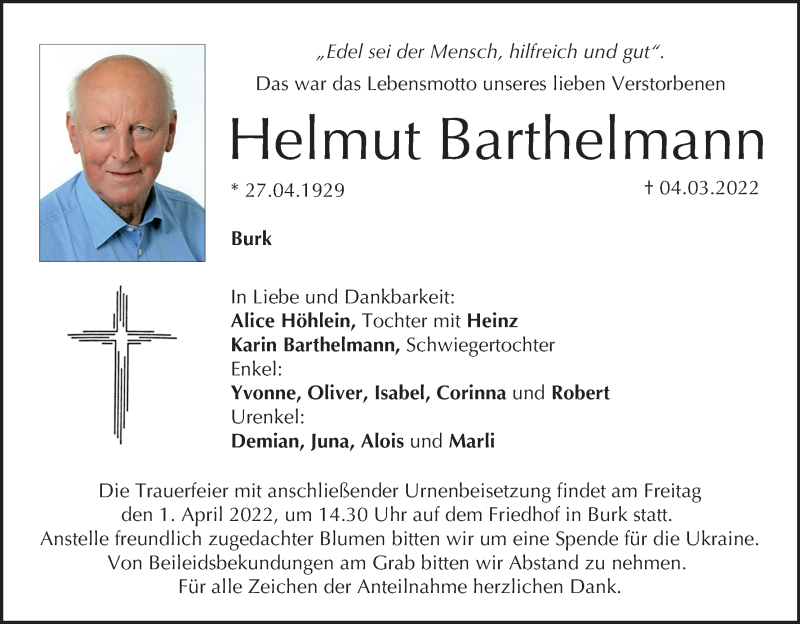  Traueranzeige für Helmut Barthelmann vom 26.03.2022 aus MGO