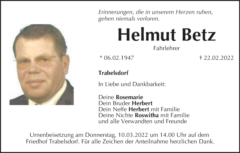  Traueranzeige für Helmut Betz vom 05.03.2022 aus MGO