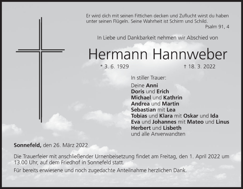  Traueranzeige für Hermann Hannweber vom 26.03.2022 aus MGO