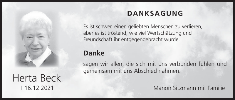  Traueranzeige für Herta Beck vom 12.03.2022 aus MGO