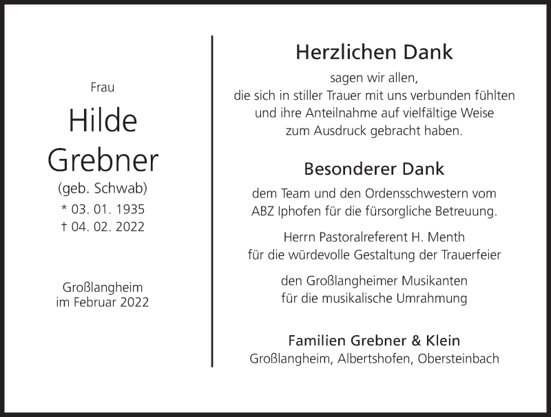  Traueranzeige für Hilde Grebner vom 05.03.2022 aus MGO