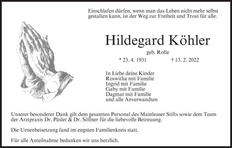  Traueranzeige für Hildegard Köhler vom 05.03.2022 aus MGO