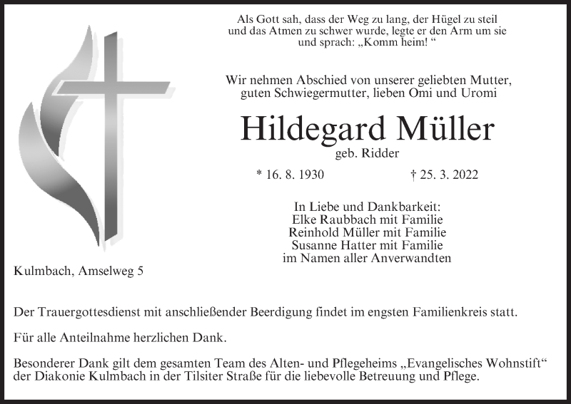  Traueranzeige für Hildegard Müller vom 29.03.2022 aus MGO