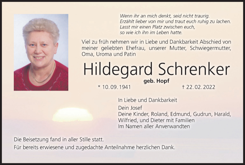  Traueranzeige für Hildegard Schrenker vom 05.03.2022 aus MGO