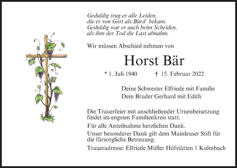  Traueranzeige für Horst Bär vom 05.03.2022 aus MGO