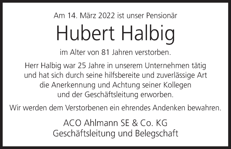  Traueranzeige für Hubert Halbig vom 19.03.2022 aus MGO