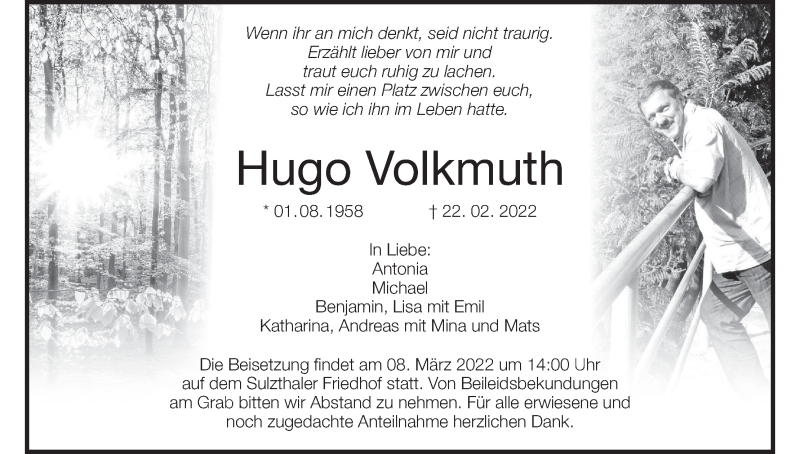  Traueranzeige für Hugo Volkmuth vom 05.03.2022 aus MGO