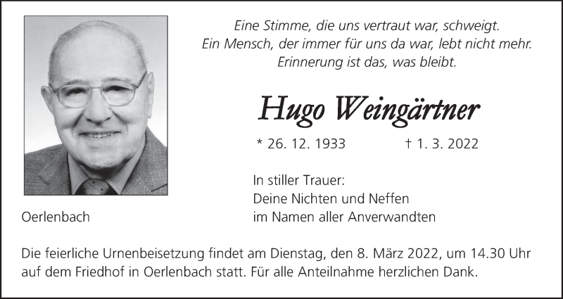  Traueranzeige für Hugo Weingärtner vom 05.03.2022 aus MGO