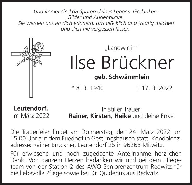  Traueranzeige für Ilse Brückner vom 22.03.2022 aus MGO