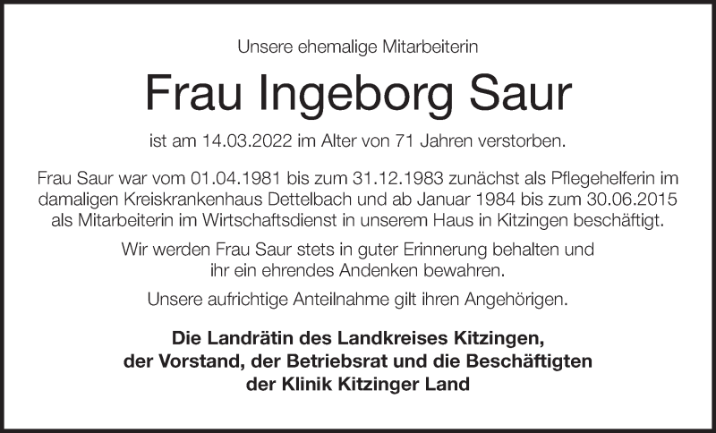  Traueranzeige für Ingeborg Saur vom 29.03.2022 aus MGO