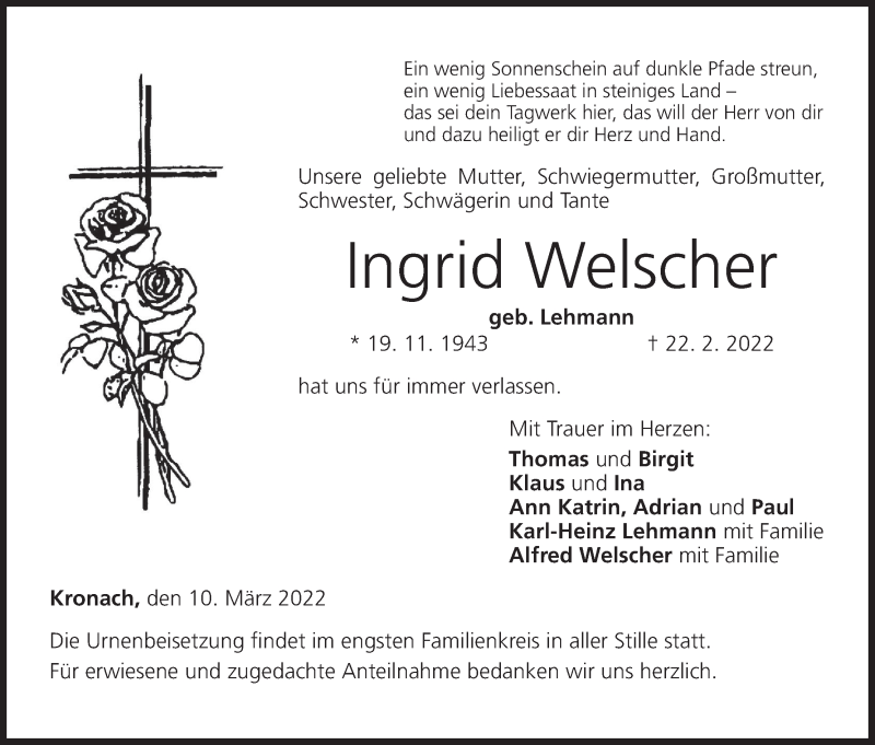  Traueranzeige für Ingrid Welscher vom 10.03.2022 aus MGO