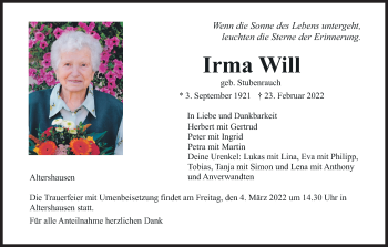 Anzeige von Irma Will von MGO