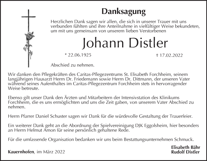  Traueranzeige für Johann Distler vom 12.03.2022 aus MGO
