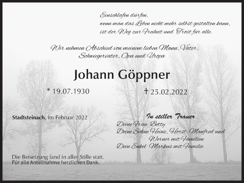  Traueranzeige für Johann Göppner vom 05.03.2022 aus MGO