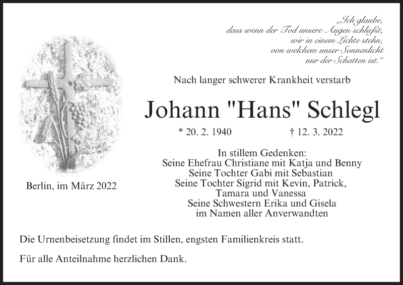  Traueranzeige für Johann  Schlegl vom 19.03.2022 aus MGO