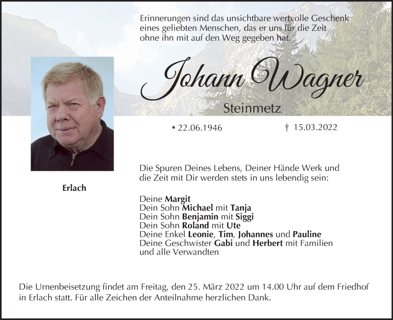  Traueranzeige für Johann Wagner vom 19.03.2022 aus MGO