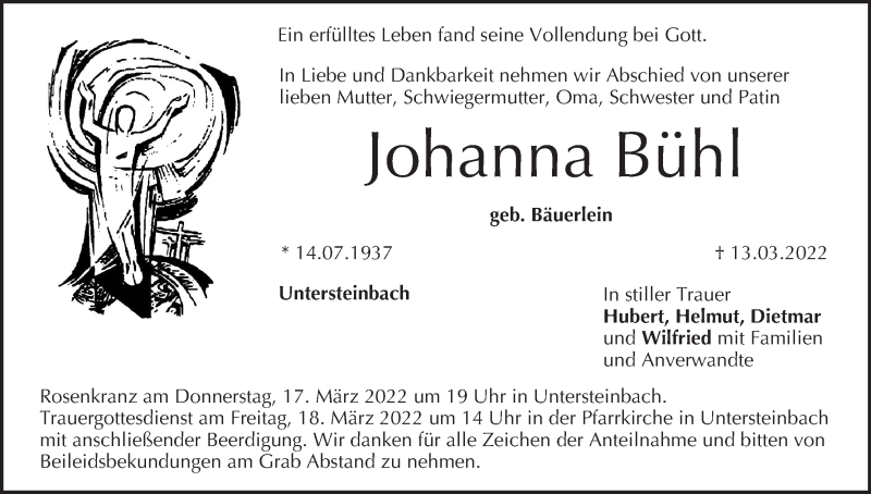  Traueranzeige für Johanna Bühl vom 16.03.2022 aus MGO
