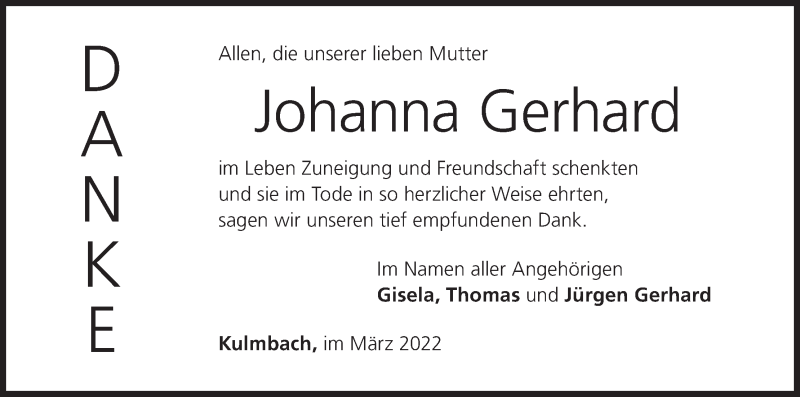  Traueranzeige für Johanna Gerhard vom 26.03.2022 aus MGO