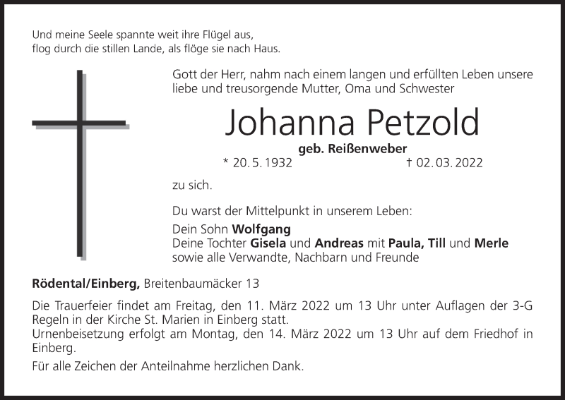 Traueranzeige für Johanna Petzold vom 09.03.2022 aus MGO