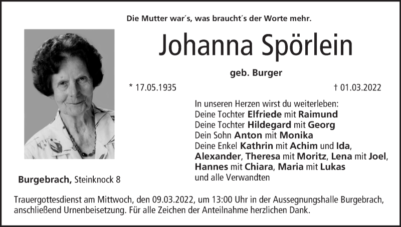  Traueranzeige für Johanna Spörlein vom 05.03.2022 aus MGO