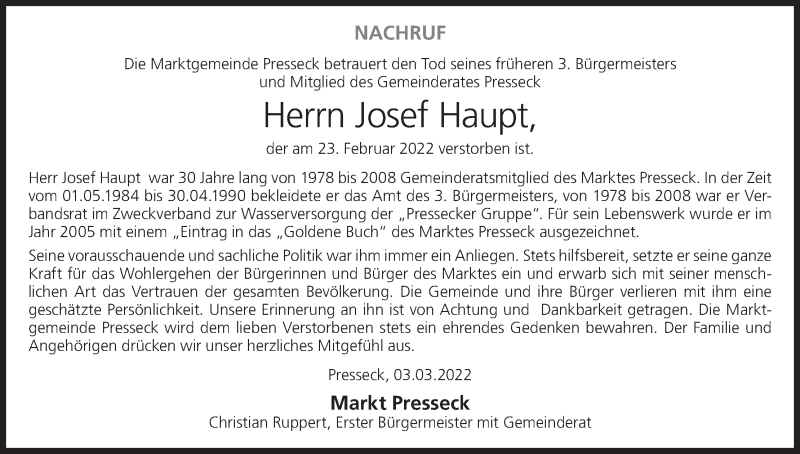  Traueranzeige für Josef Haupt vom 09.03.2022 aus MGO