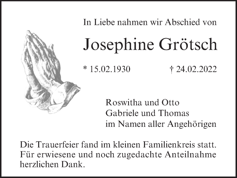  Traueranzeige für Josephine Grötsch vom 19.03.2022 aus MGO