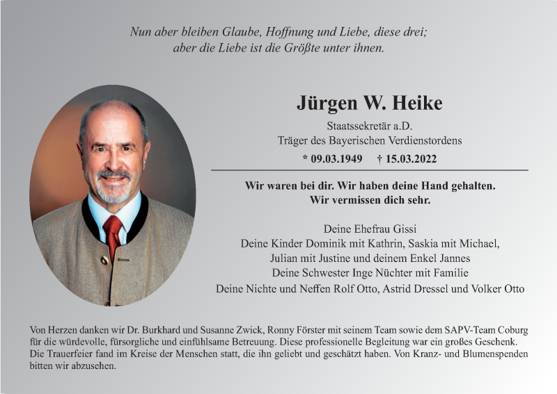  Traueranzeige für Jürgen W. Heike vom 25.03.2022 aus MGO