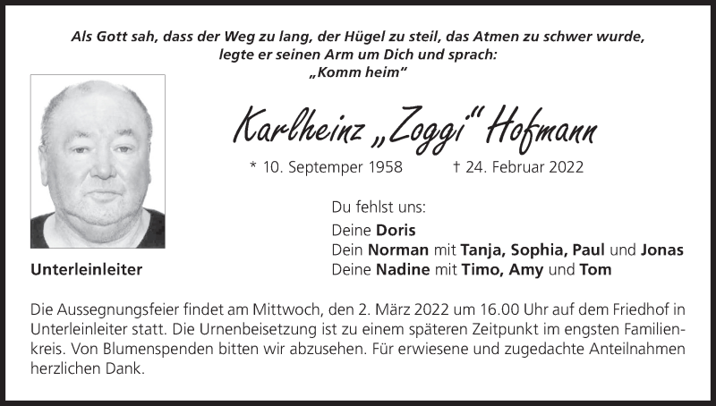  Traueranzeige für Karlheinz Hofmann vom 01.03.2022 aus MGO