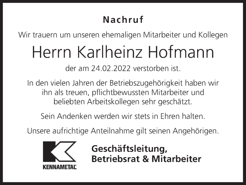  Traueranzeige für Karlheinz Hofmann vom 05.03.2022 aus MGO