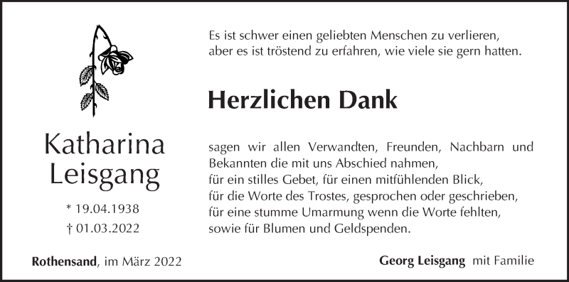  Traueranzeige für Katharina Leisgang vom 19.03.2022 aus MGO