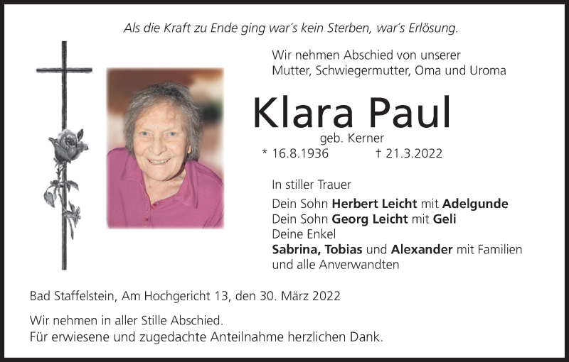  Traueranzeige für Klara Paul vom 30.03.2022 aus MGO