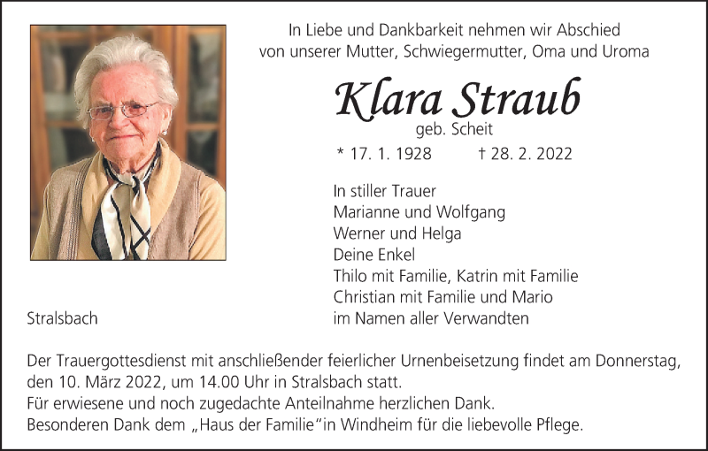  Traueranzeige für Klara Straub vom 05.03.2022 aus MGO