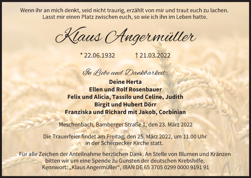  Traueranzeige für Klaus Angermüller vom 23.03.2022 aus MGO