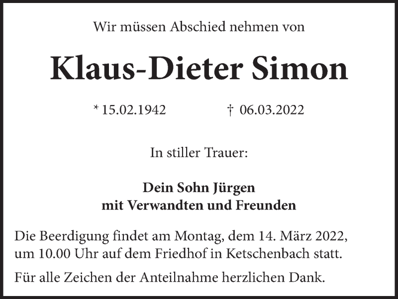  Traueranzeige für Klaus-Dieter Simon vom 09.03.2022 aus MGO