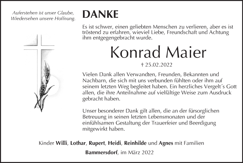  Traueranzeige für Konrad Maier vom 19.03.2022 aus MGO