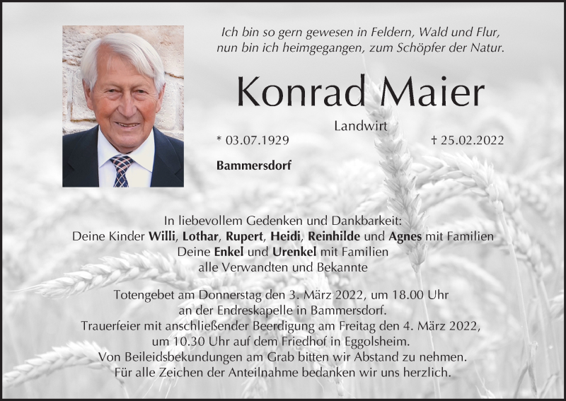  Traueranzeige für Konrad Maier vom 02.03.2022 aus MGO