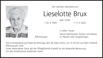 Anzeige von Lieselotte Brux von MGO