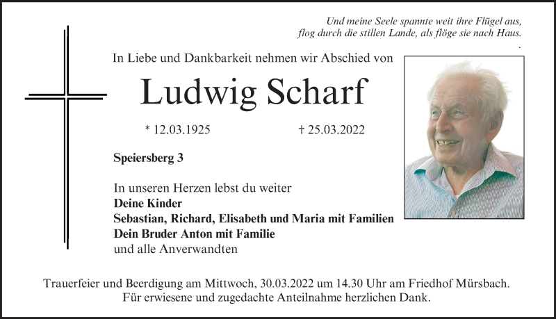  Traueranzeige für Ludwig Scharf vom 29.03.2022 aus MGO