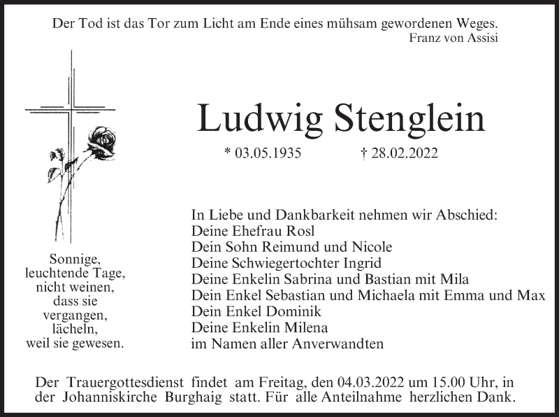  Traueranzeige für Ludwig Stenglein vom 02.03.2022 aus MGO