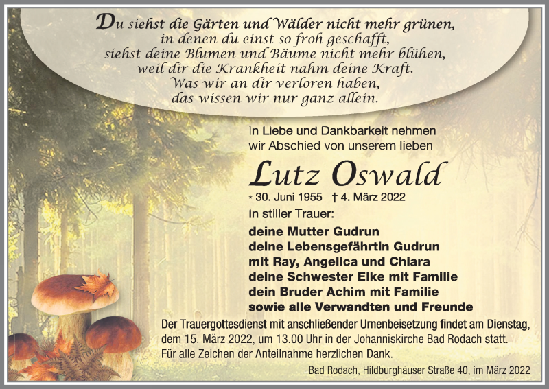  Traueranzeige für Lutz Oswald vom 11.03.2022 aus MGO