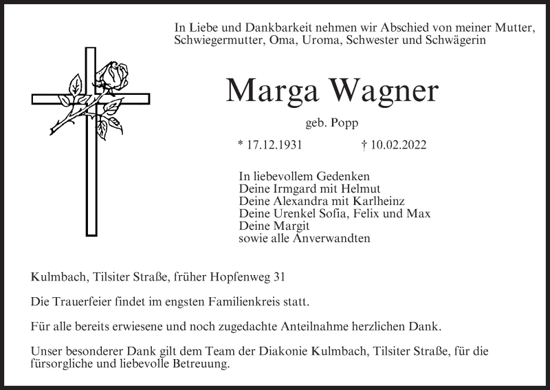  Traueranzeige für Marga Wagner vom 28.02.2022 aus MGO