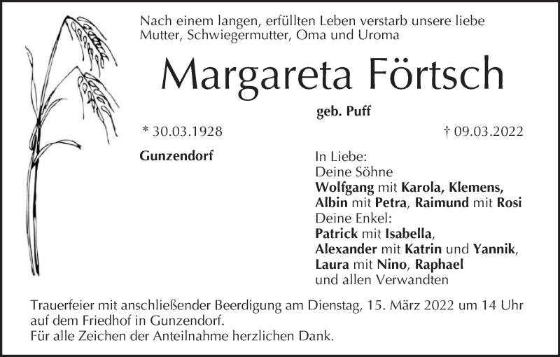  Traueranzeige für Margareta Förtsch vom 12.03.2022 aus MGO