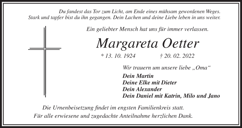  Traueranzeige für Margareta Oetter vom 04.03.2022 aus MGO