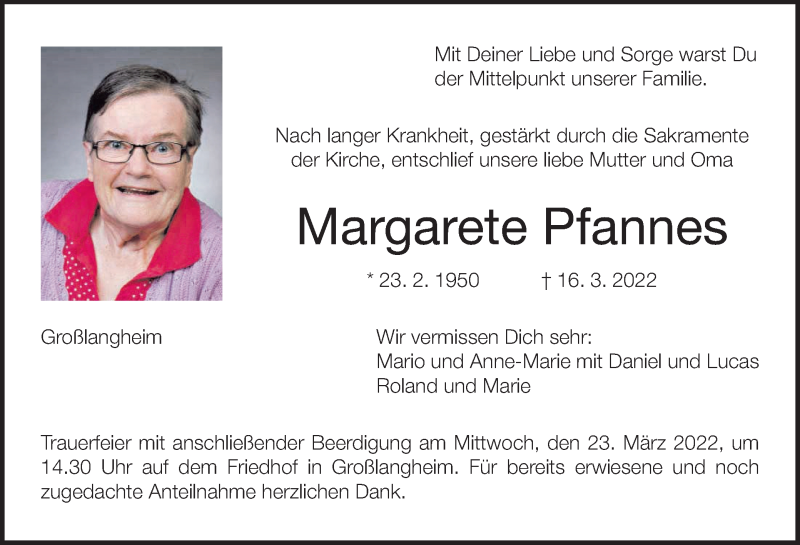  Traueranzeige für Margarete Pfannes vom 19.03.2022 aus MGO