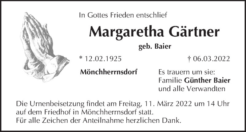  Traueranzeige für Margaretha Gärtner vom 08.03.2022 aus MGO