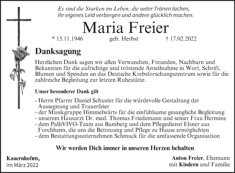  Traueranzeige für Maria Freier vom 19.03.2022 aus MGO